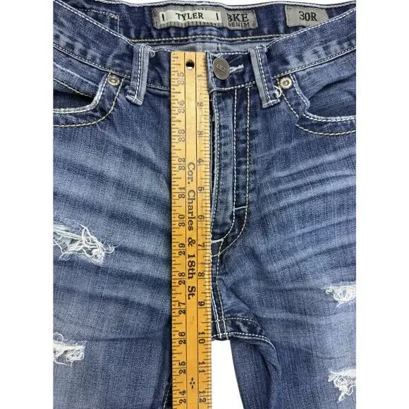 BKE Tyler Denim Jeans Mens 31 X 30 Blue Med Wash Whiskered Bootcut Ripped - Picture 12 of 14
